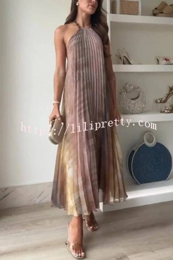 Tie-dye Printed Halter Neck Pleated Backless Midi Dress
