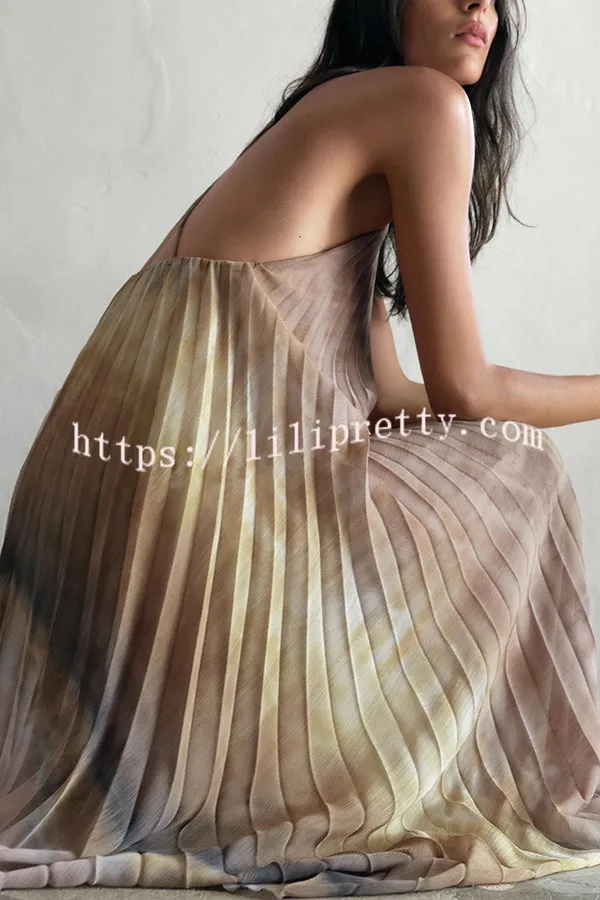 Tie-dye Printed Halter Neck Pleated Backless Midi Dress