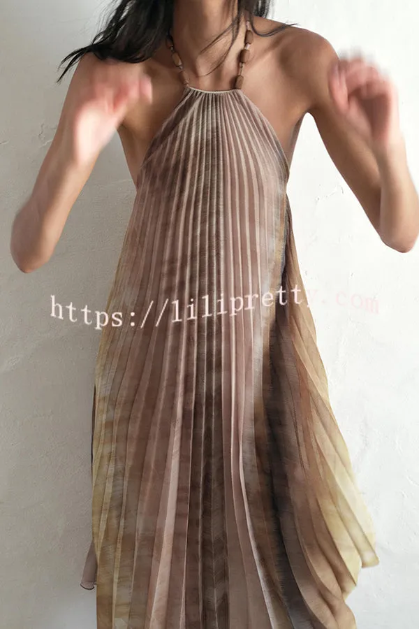 Tie-dye Printed Halter Neck Pleated Backless Midi Dress