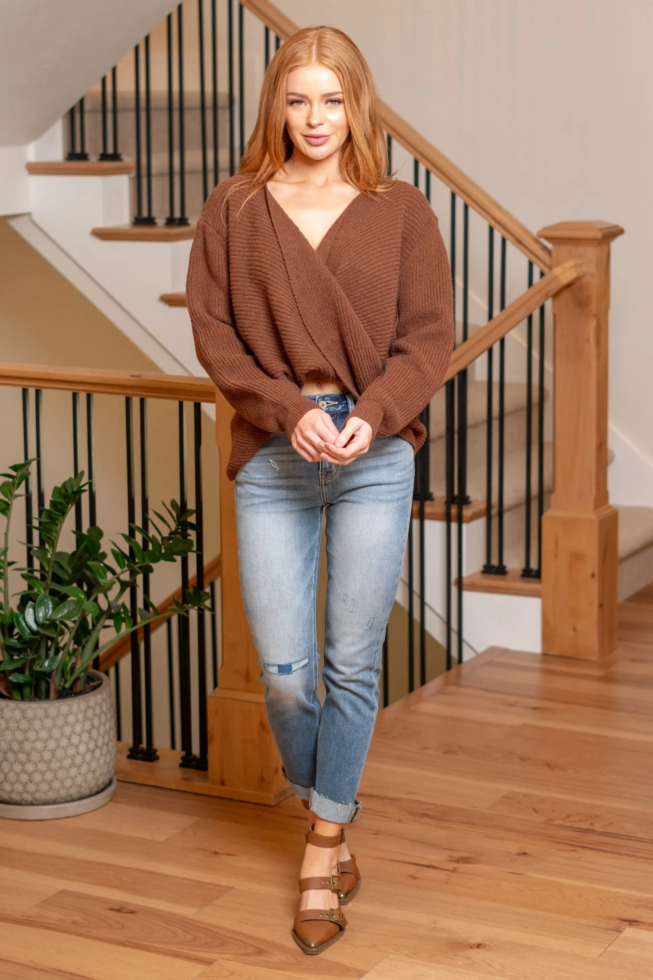 Twisted Front Sweater Top - Vintage Brick