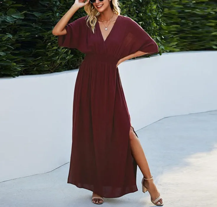 V-Neck Dolman Sleeves Maxi Dress