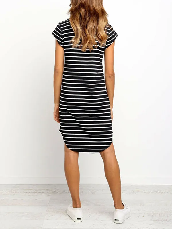 V-neck Short-Sleeved Slim Striped Irregular Skirt