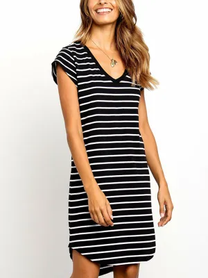 V-neck Short-Sleeved Slim Striped Irregular Skirt