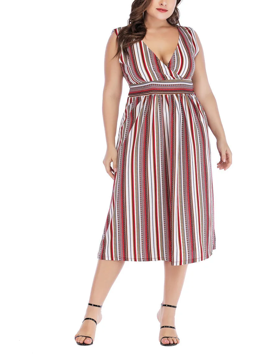 V-neck Striped Waist Slim Plus Size Vest Dress