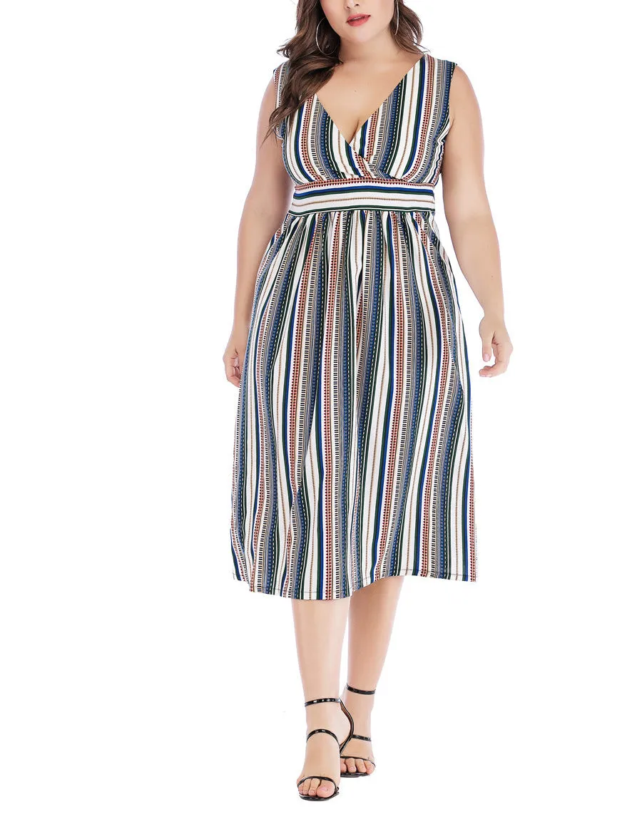 V-neck Striped Waist Slim Plus Size Vest Dress