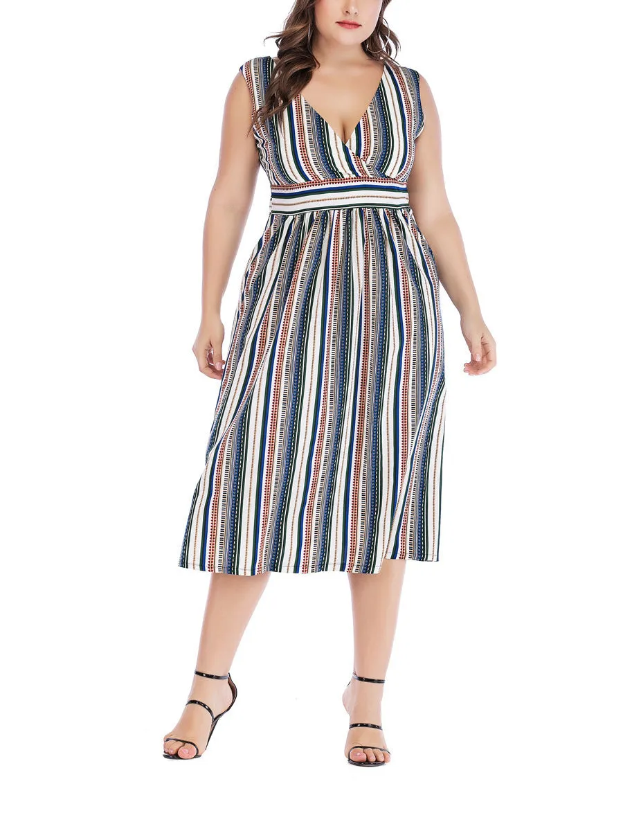 V-neck Striped Waist Slim Plus Size Vest Dress
