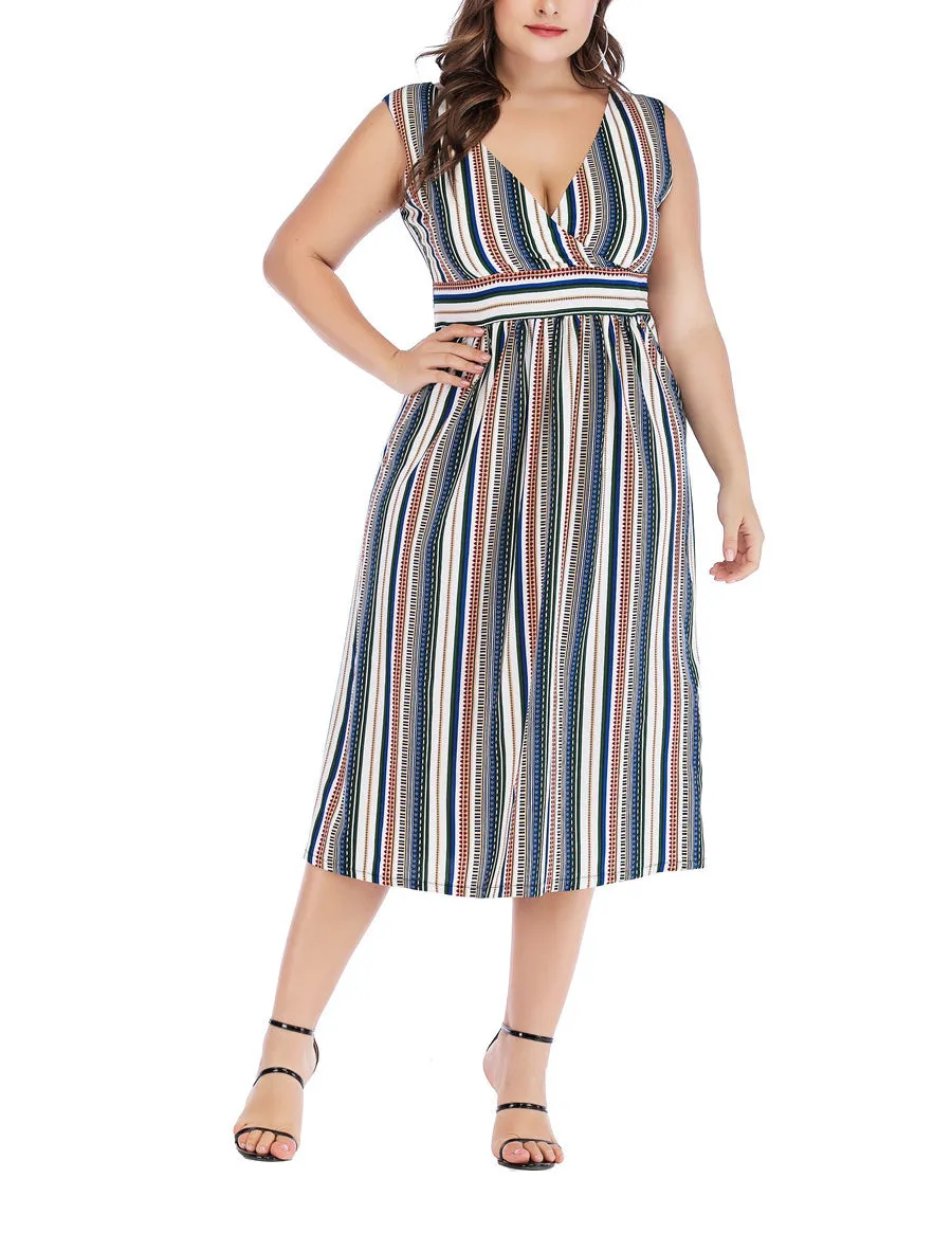 V-neck Striped Waist Slim Plus Size Vest Dress