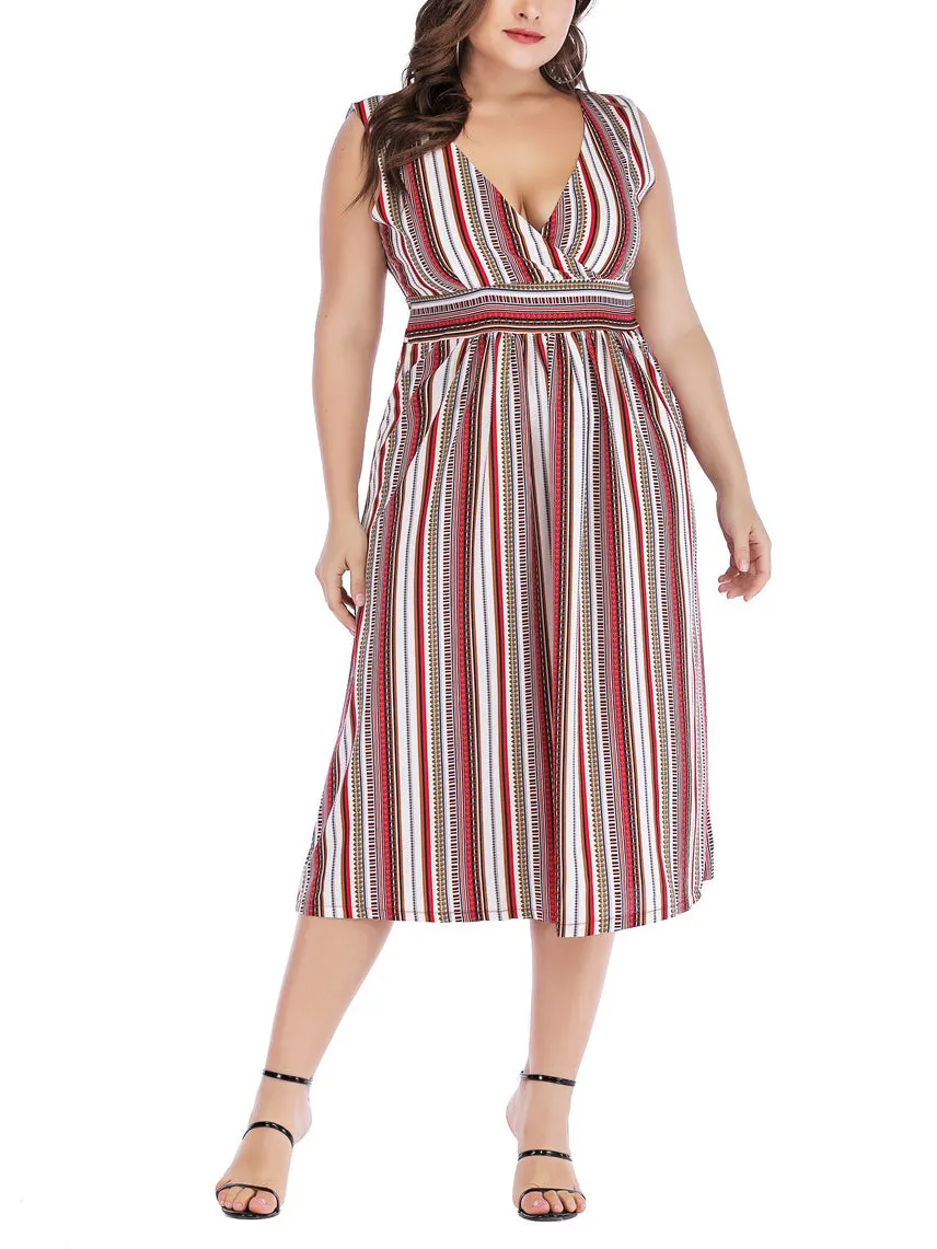V-neck Striped Waist Slim Plus Size Vest Dress