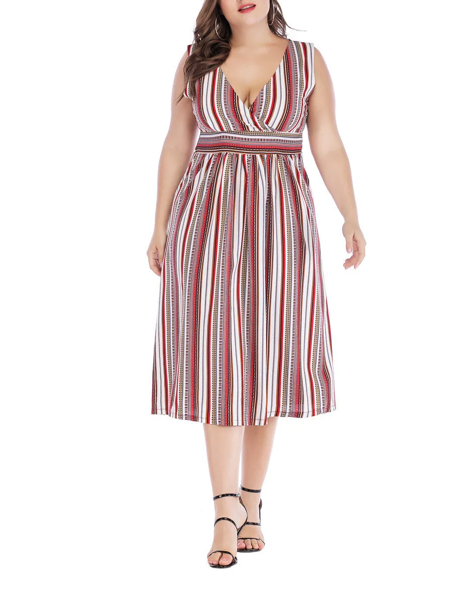 V-neck Striped Waist Slim Plus Size Vest Dress