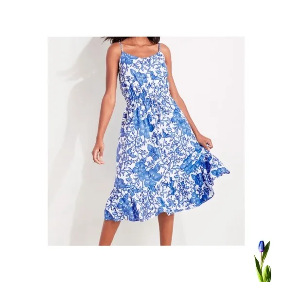 Vineyard Vines Morada Floral blue and white Midi Dress Size Medium