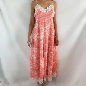 Vintage 70s cami lace pink maxi dress tropical casual medium coral boho