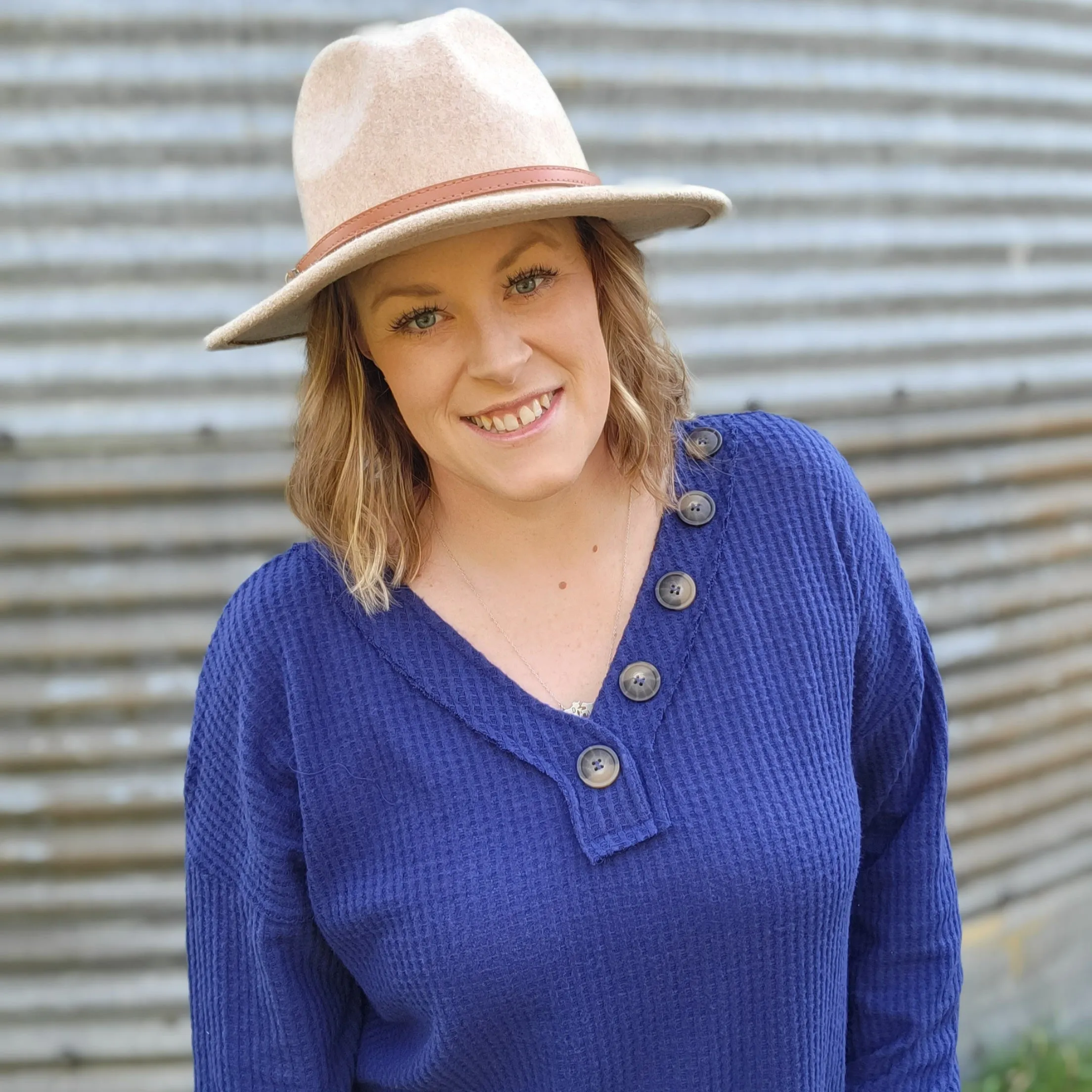 Waffle Knit V Neck Button Detail Longsleeve - Royal Blue