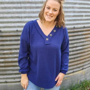 Waffle Knit V Neck Button Detail Longsleeve - Royal Blue