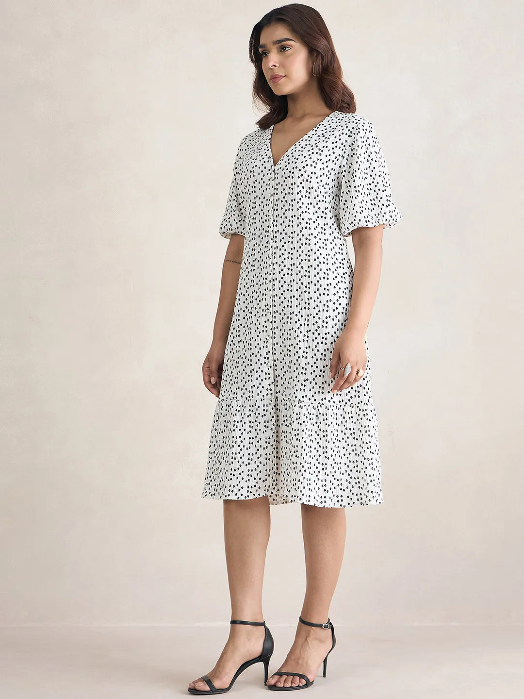 White Ditsy Floral Button Down Midi Dress