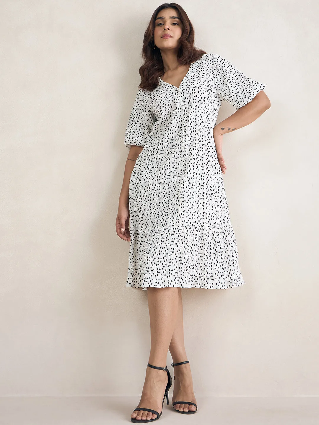 White Ditsy Floral Button Down Midi Dress