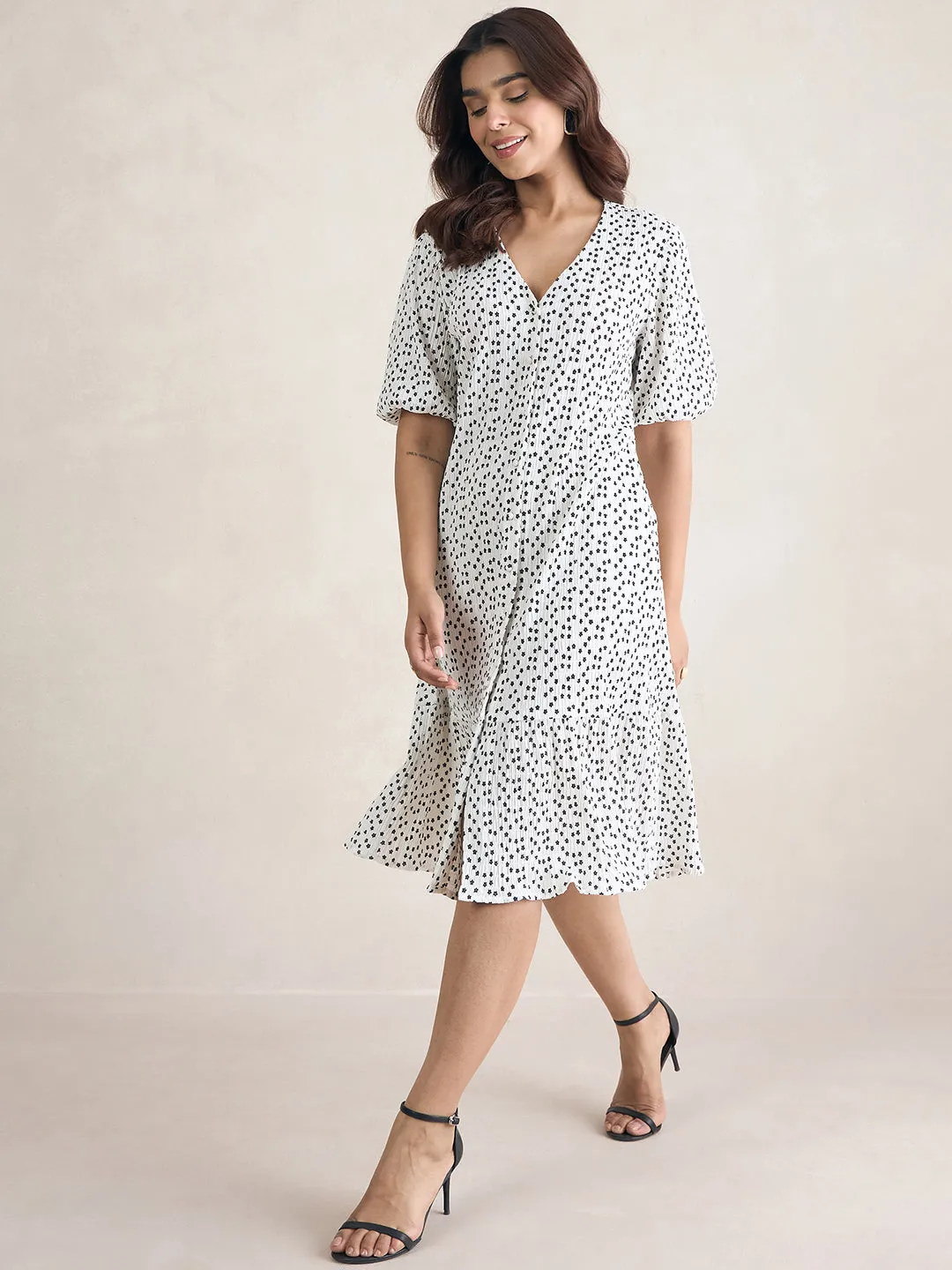 White Ditsy Floral Button Down Midi Dress