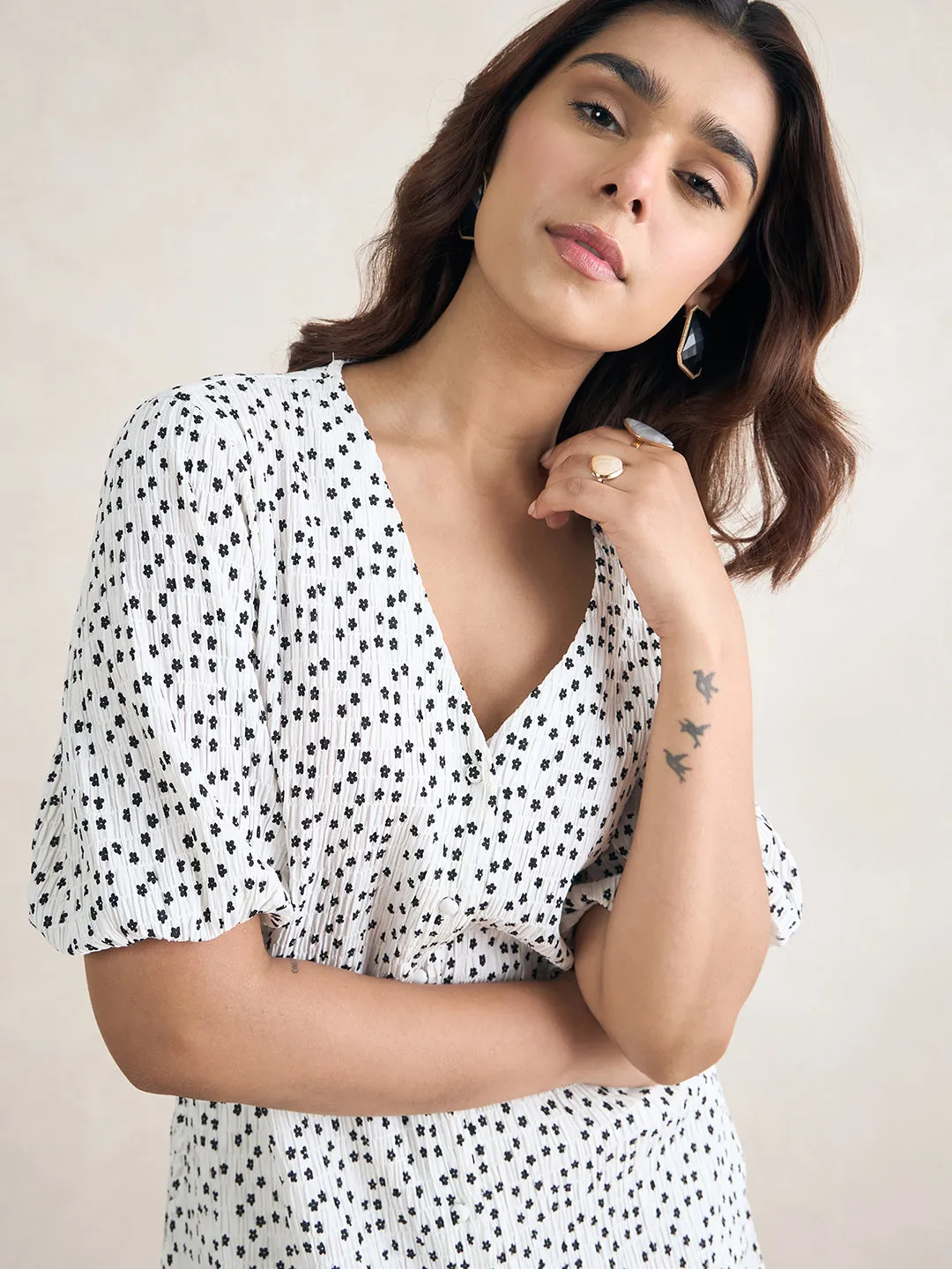 White Ditsy Floral Button Down Midi Dress