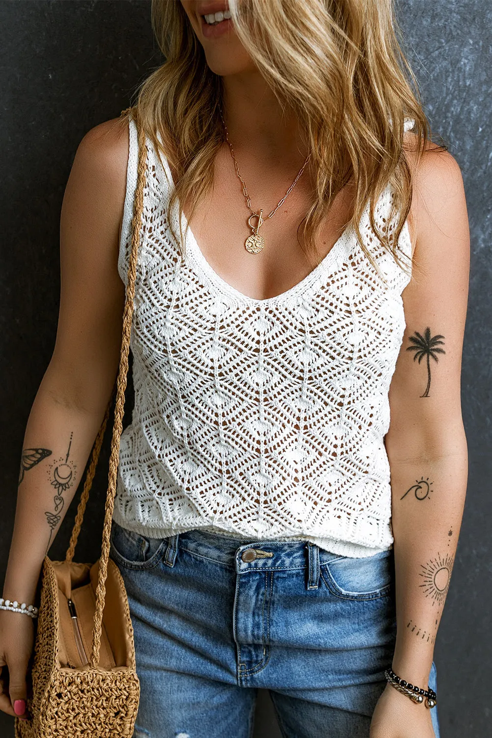 White Pointelle Crochet V Neck Knit Vest