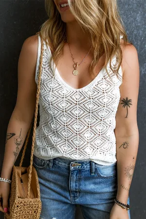 White Pointelle Crochet V Neck Knit Vest