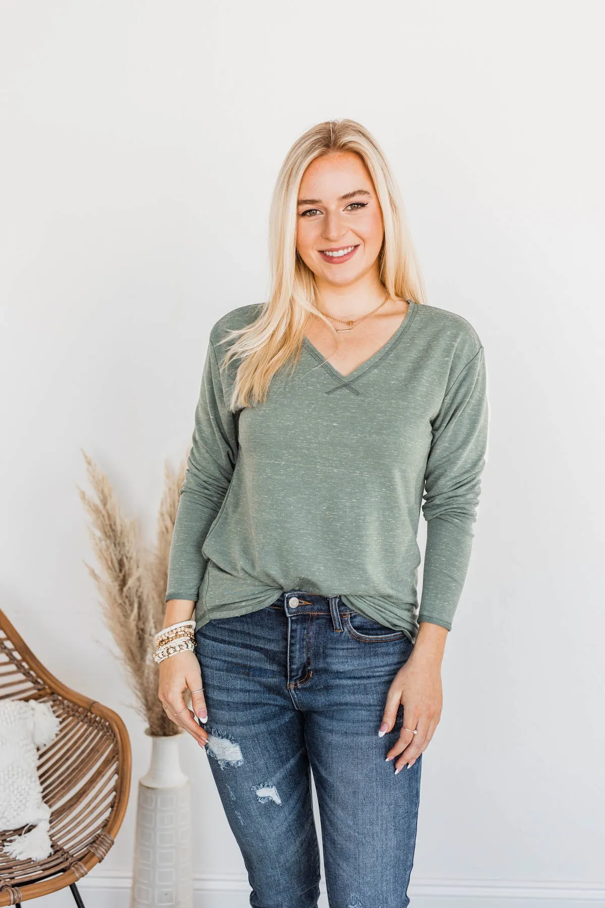 Winning Back Happiness V-Neck Top- Olive