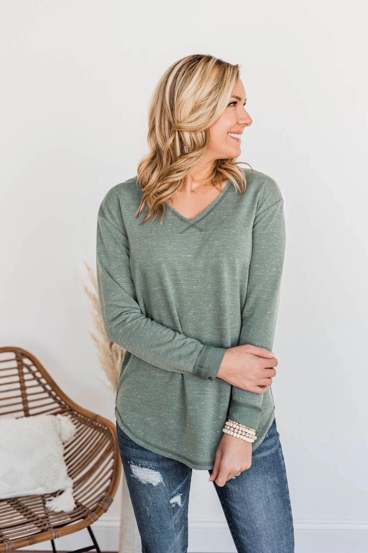 Winning Back Happiness V-Neck Top- Olive