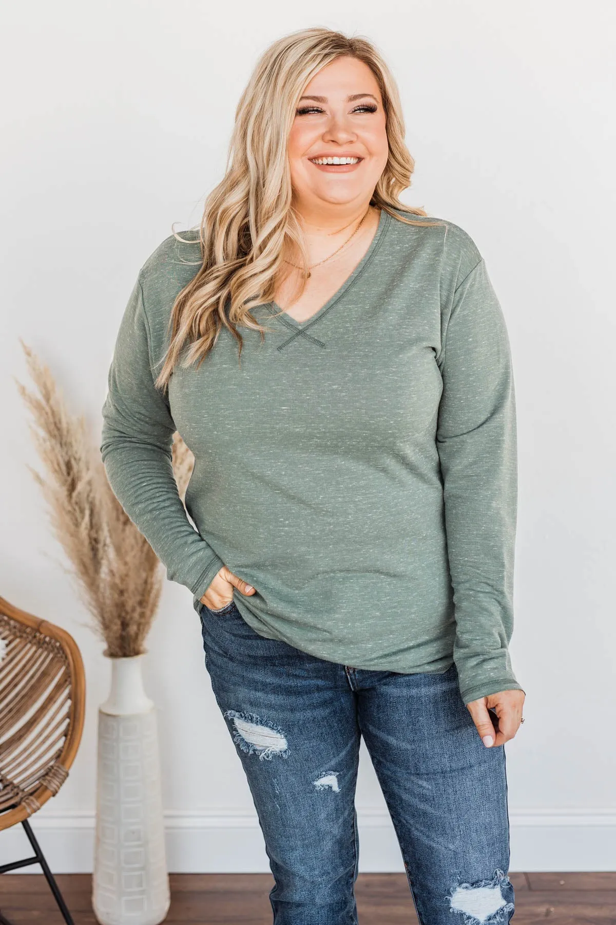 Winning Back Happiness V-Neck Top- Olive