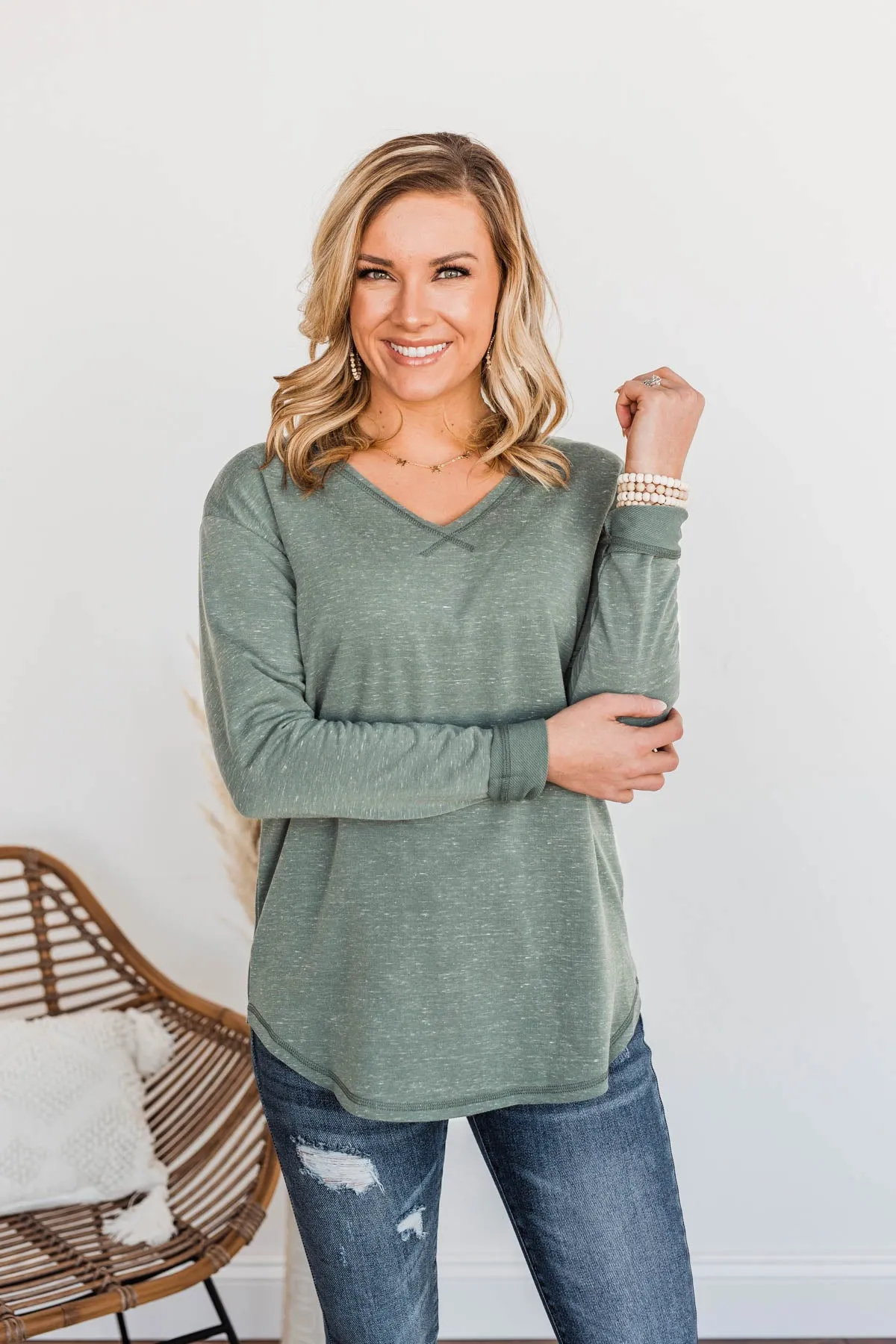 Winning Back Happiness V-Neck Top- Olive