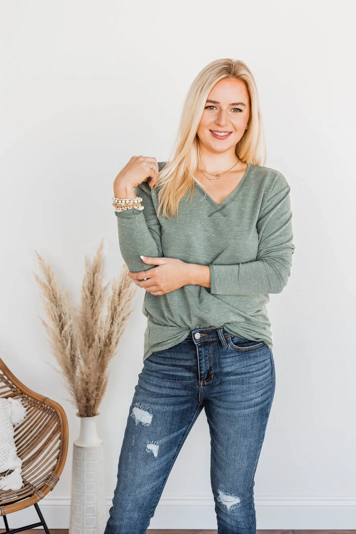 Winning Back Happiness V-Neck Top- Olive