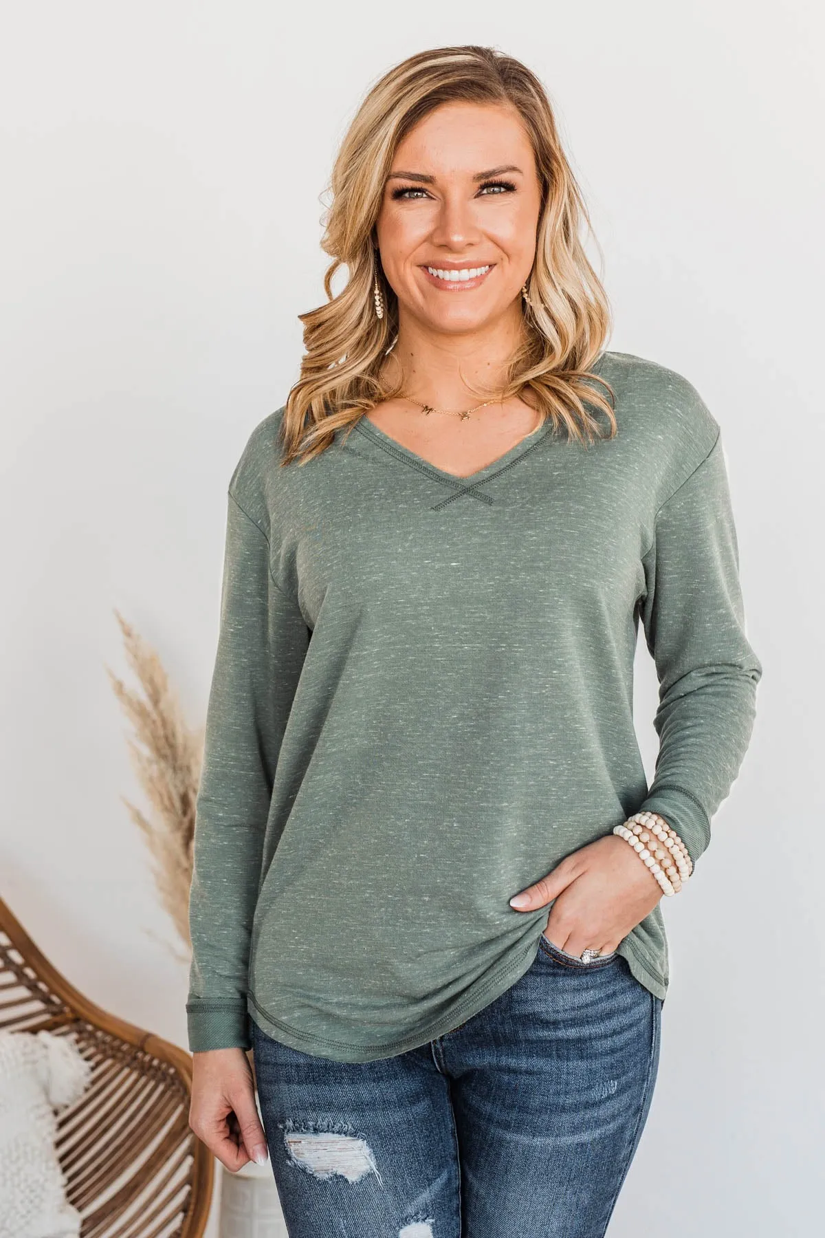 Winning Back Happiness V-Neck Top- Olive