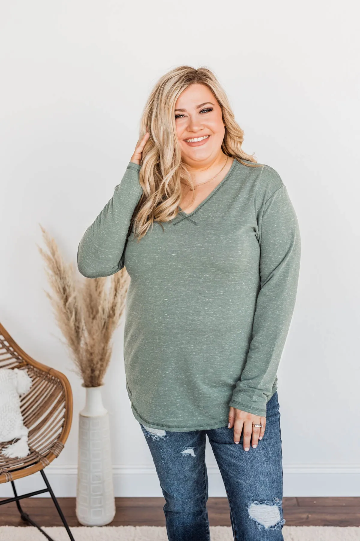 Winning Back Happiness V-Neck Top- Olive
