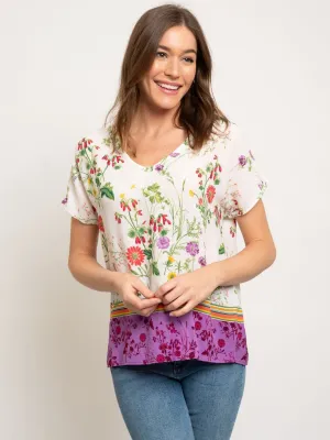 WOMEN'S FLORAL BORDER PRINT V-NECK WOVEN TOP