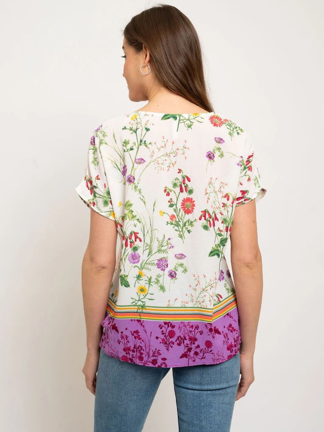 WOMEN'S FLORAL BORDER PRINT V-NECK WOVEN TOP