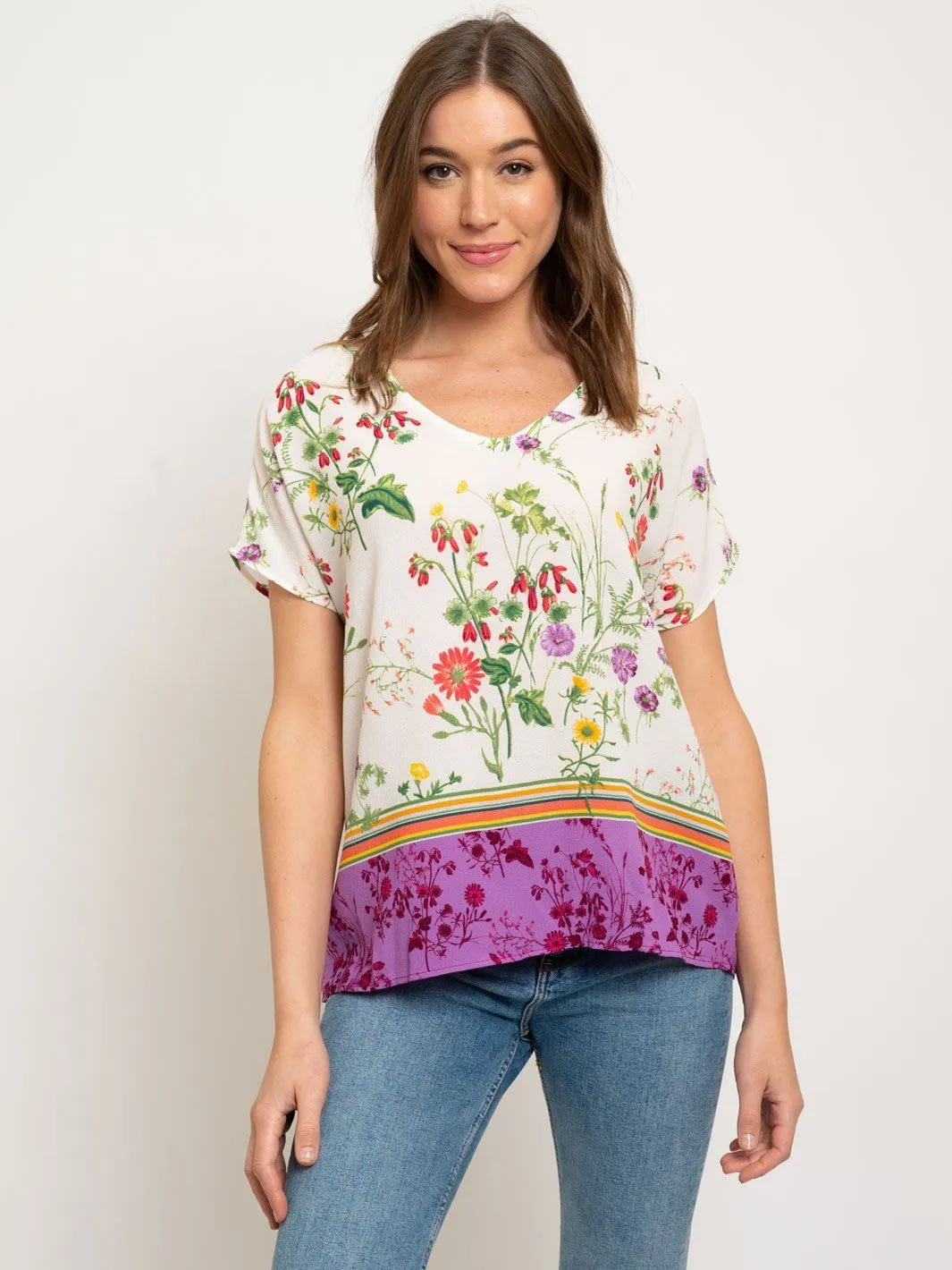 WOMEN'S FLORAL BORDER PRINT V-NECK WOVEN TOP