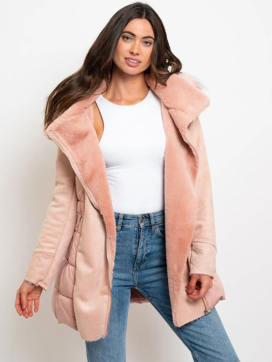 WOMEN'S LONG HOODED FAUX FUR-LINED SUEDE QUILTED COAT
