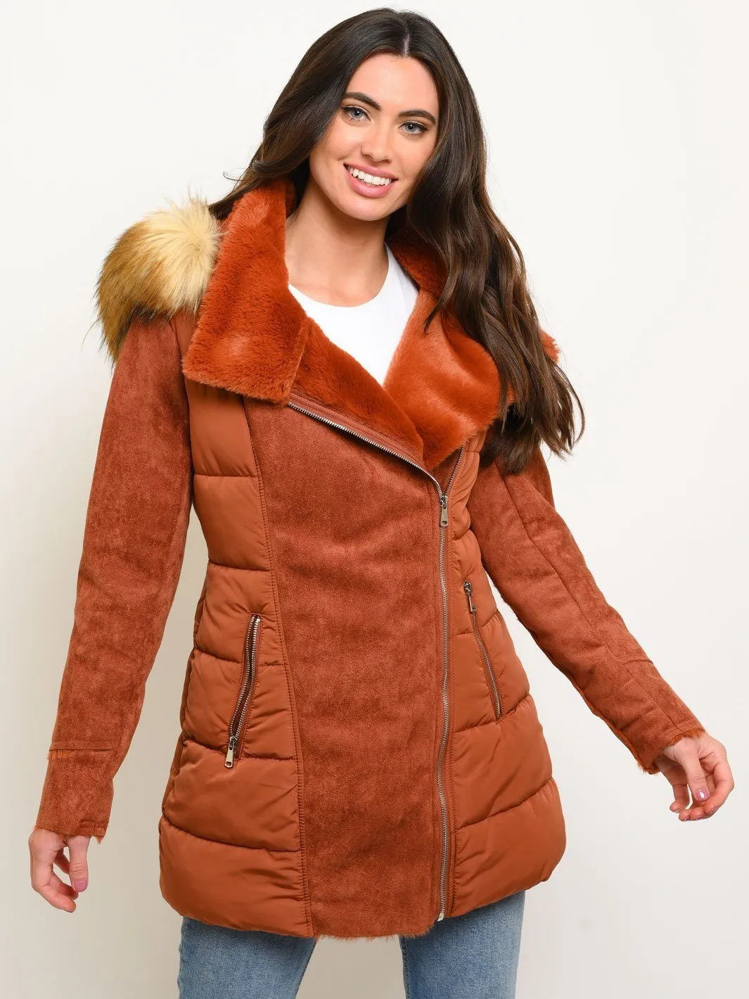 WOMEN'S LONG HOODED FAUX FUR-LINED SUEDE QUILTED COAT