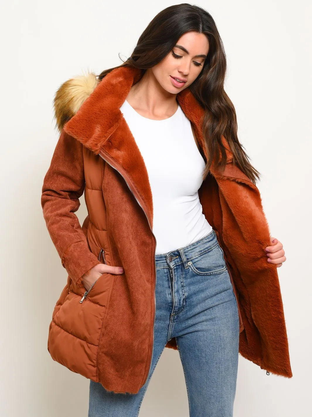 WOMEN'S LONG HOODED FAUX FUR-LINED SUEDE QUILTED COAT