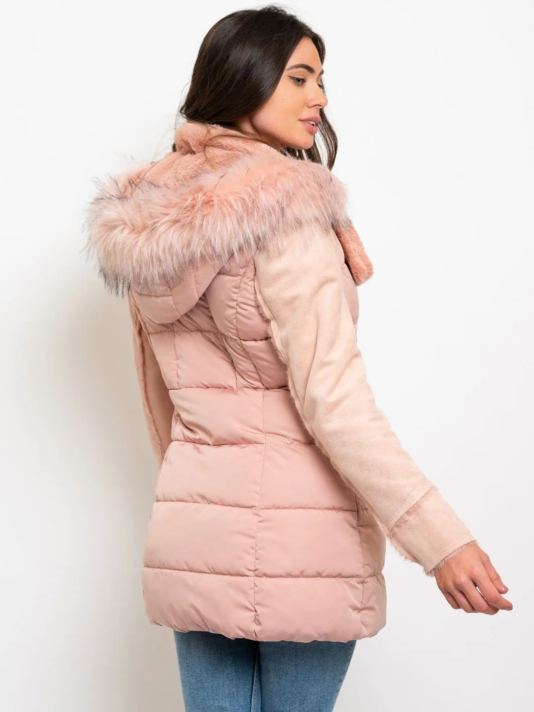 WOMEN'S LONG HOODED FAUX FUR-LINED SUEDE QUILTED COAT