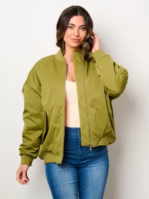 WOMEN'S LONG SLEEVE ZIP UP FRONT POCKETS BOMBER JACKET