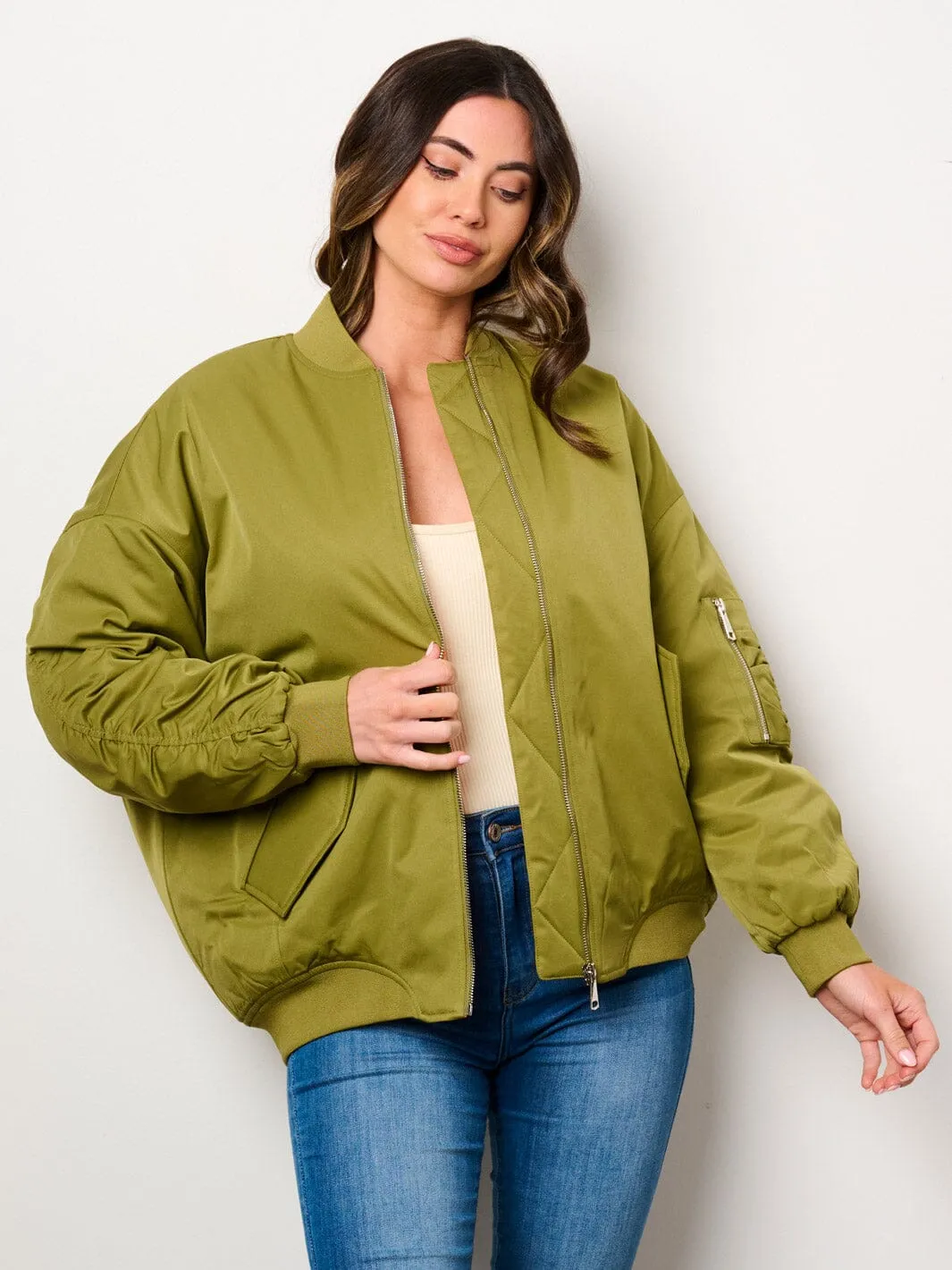 WOMEN'S LONG SLEEVE ZIP UP FRONT POCKETS BOMBER JACKET