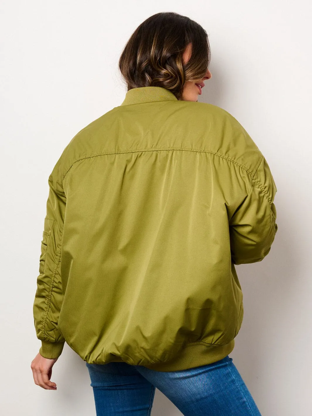 WOMEN'S LONG SLEEVE ZIP UP FRONT POCKETS BOMBER JACKET