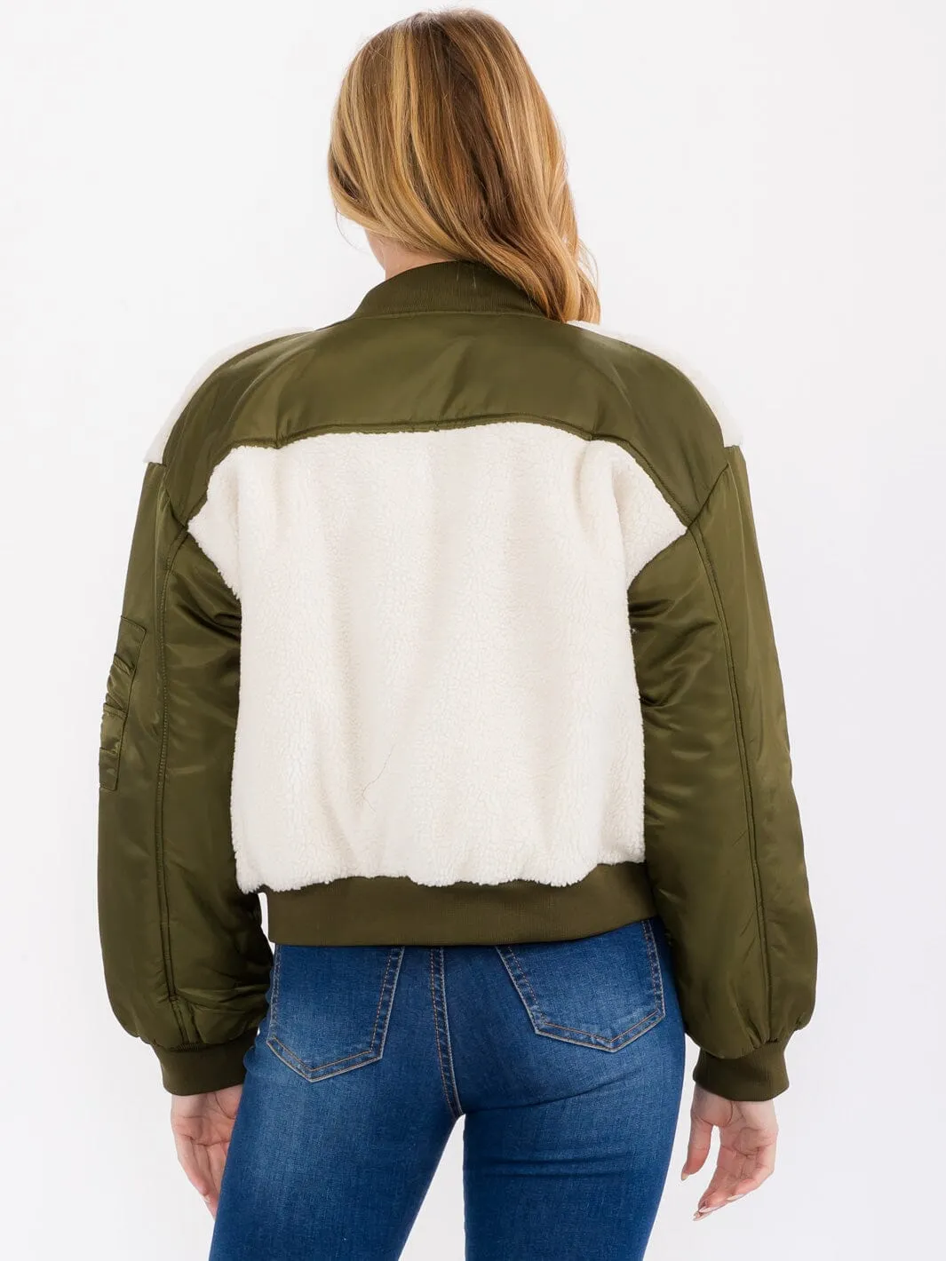 WOMEN'S LONG SLEEVE ZIP UP FRONT POCKETS SHERPA CONTRAST BOMBER JACKET