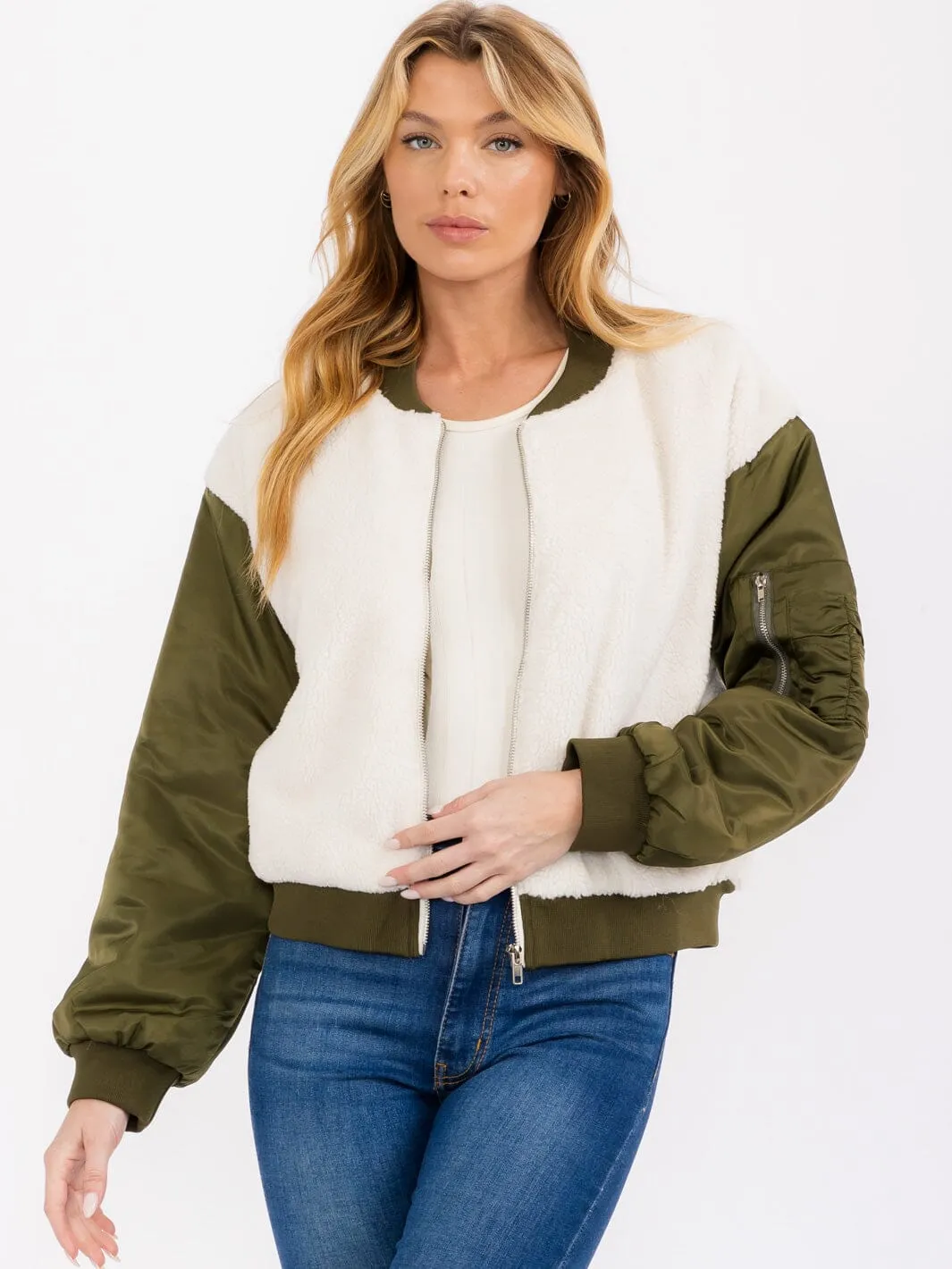 WOMEN'S LONG SLEEVE ZIP UP FRONT POCKETS SHERPA CONTRAST BOMBER JACKET