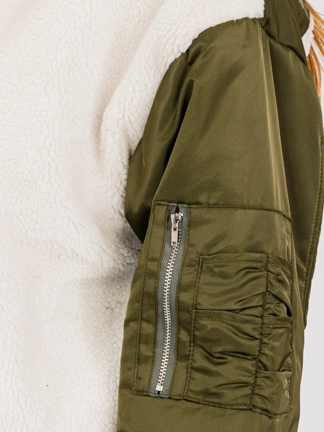 WOMEN'S LONG SLEEVE ZIP UP FRONT POCKETS SHERPA CONTRAST BOMBER JACKET