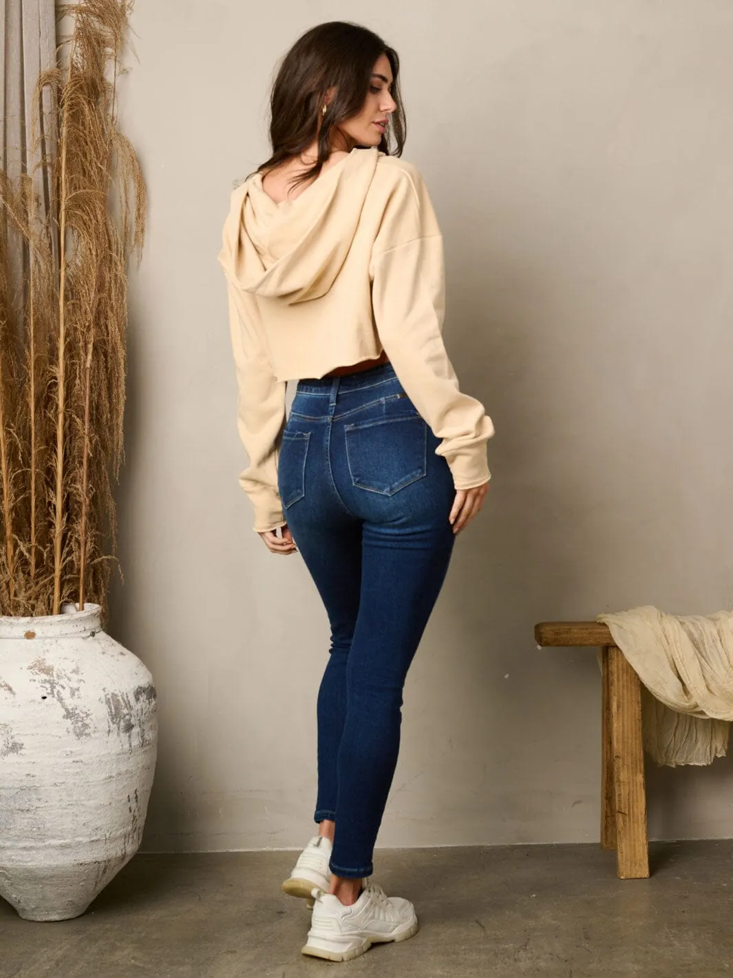 WOMEN'S LONG SLEEVE ZIP UP HOODED CROP JACKET