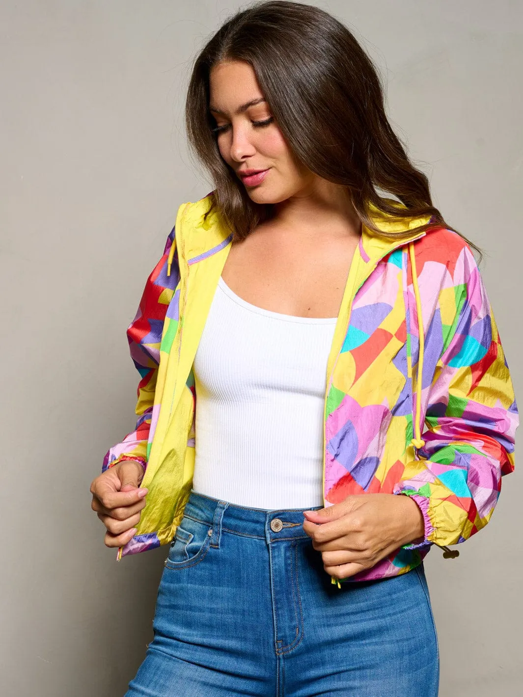 WOMEN'S LONG SLEEVE ZIP UP HOODED MULTI PRINT JACKET