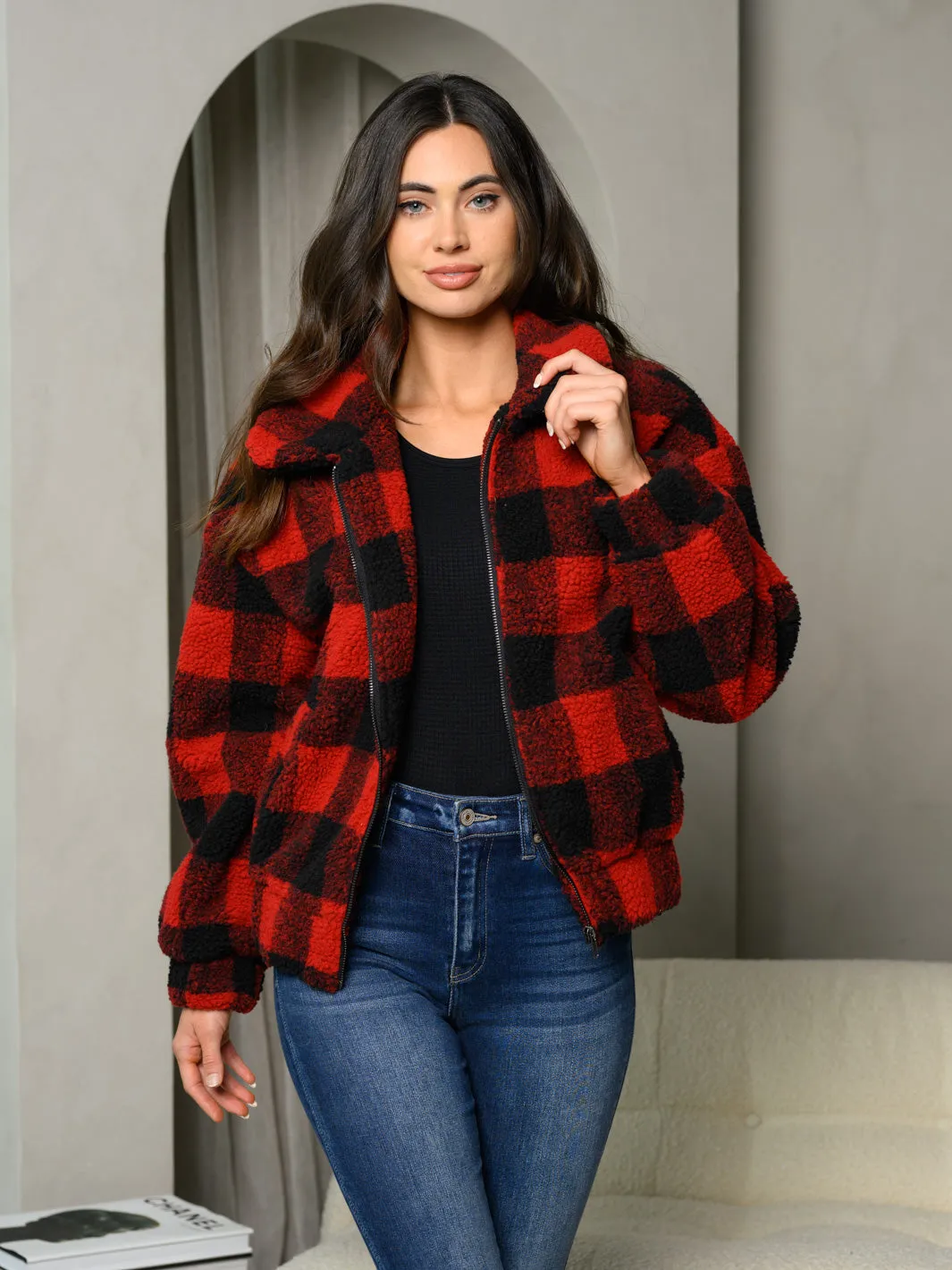 WOMENS LONG SLEEVE ZIP UP PLAID BOMBER JACKET