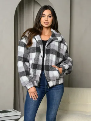 WOMENS LONG SLEEVE ZIP UP PLAID BOMBER JACKET