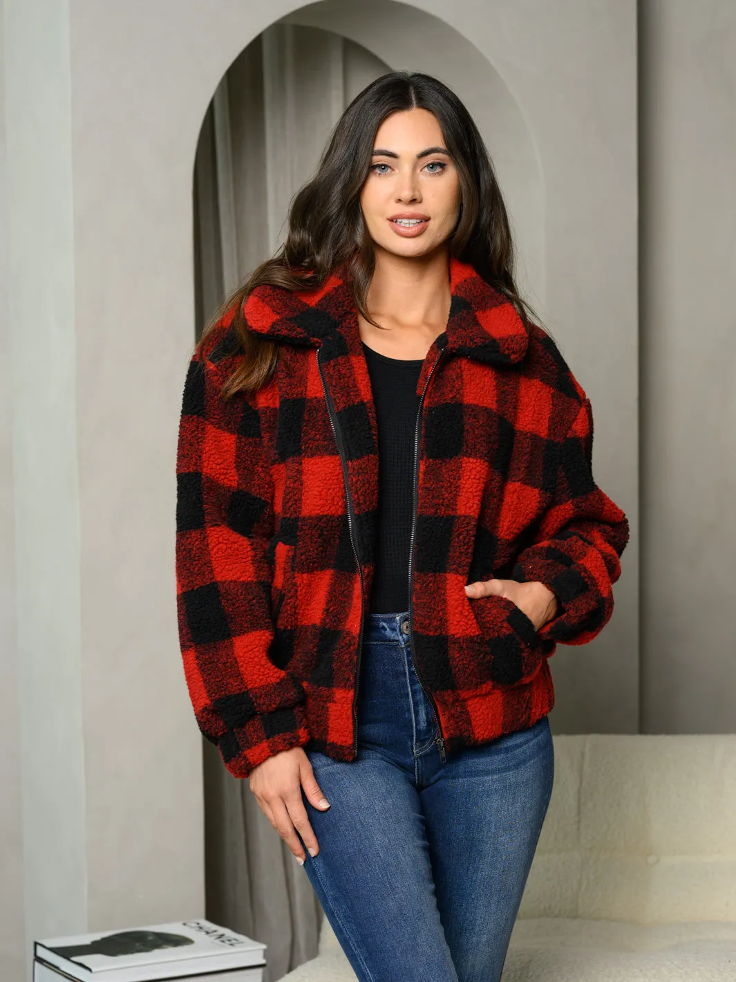 WOMENS LONG SLEEVE ZIP UP PLAID BOMBER JACKET