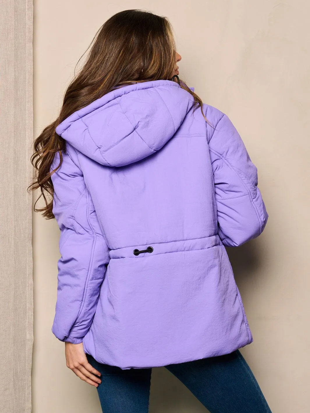 WOMEN'S LONG SLEEVE ZIP UP POCKETS HOODED PUFFER JACKET