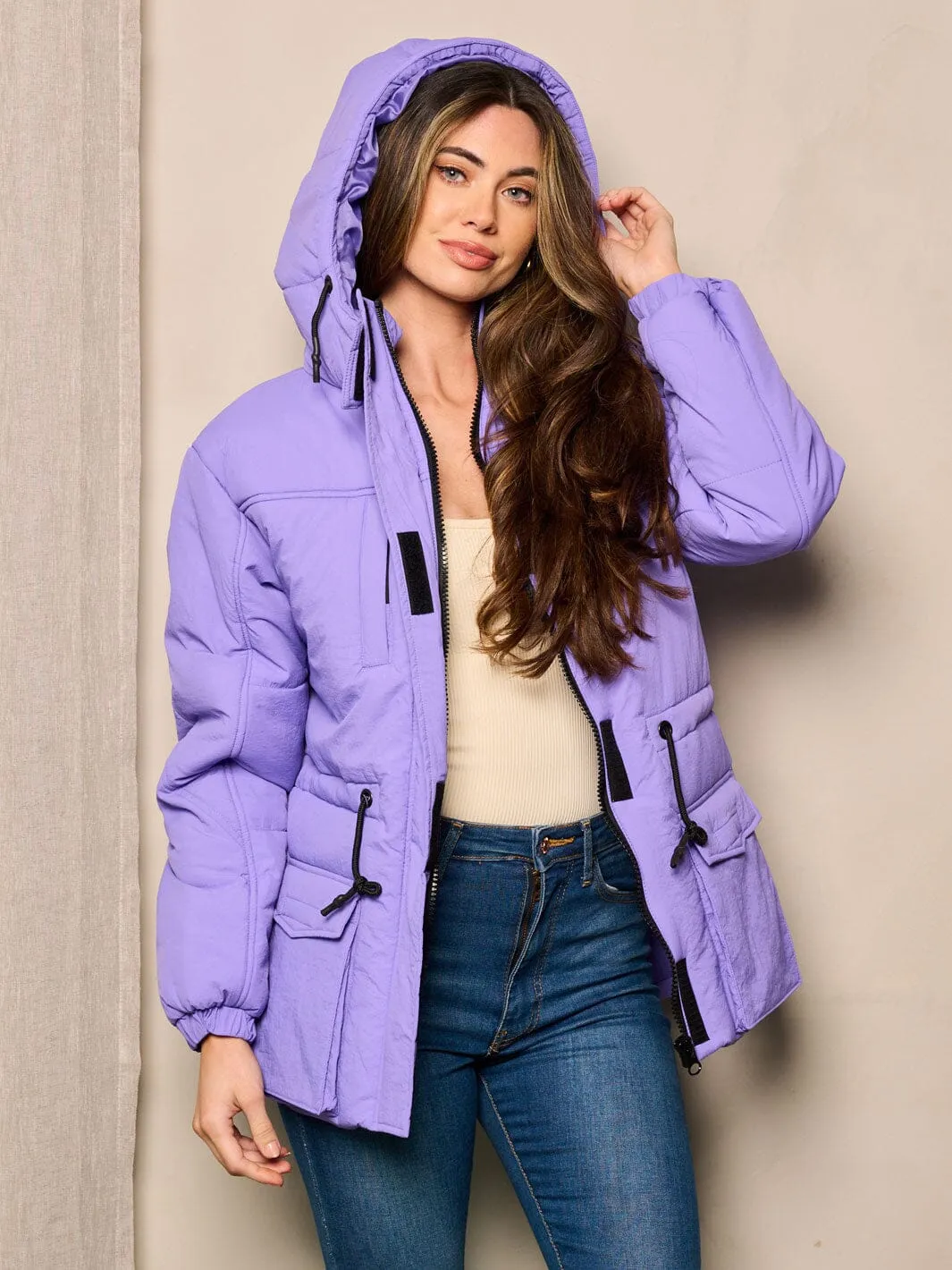 WOMEN'S LONG SLEEVE ZIP UP POCKETS HOODED PUFFER JACKET